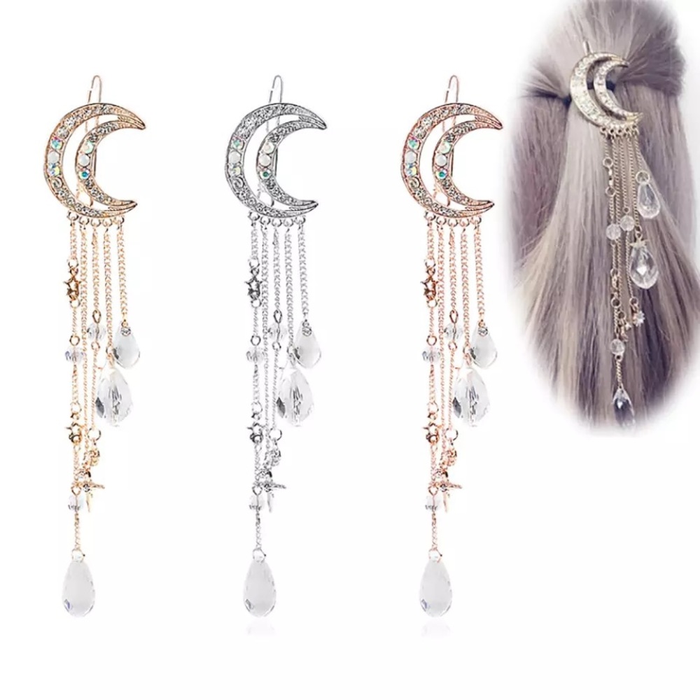 Charming Crystal Moon Hair Clip Tassels Long Hair Accessories Femme Bijoux